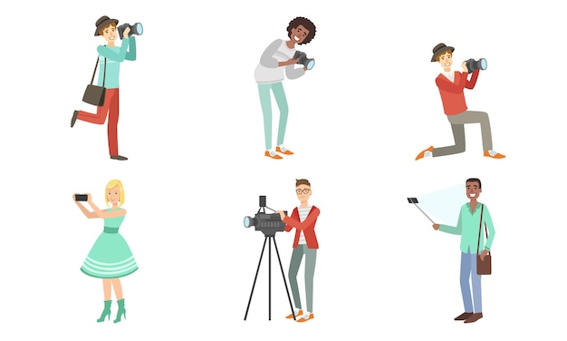 Vetor pessoas com câmeras e smartphones conjunto de ilustrações vetoriais