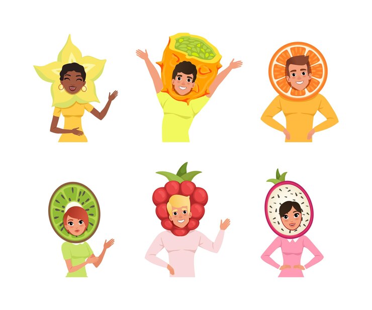 Vetor pessoas com coberturas de frutas homens e mulheres vestindo carambola laranja kiwi fruto do dragão trajes de framboesa ilustração vetorial de desenho animado