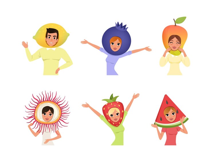 Vetor pessoas com coberturas de frutas homens e mulheres vestindo trajes de limão mirtilo manga melancia morango ilustração vetorial de desenho animado