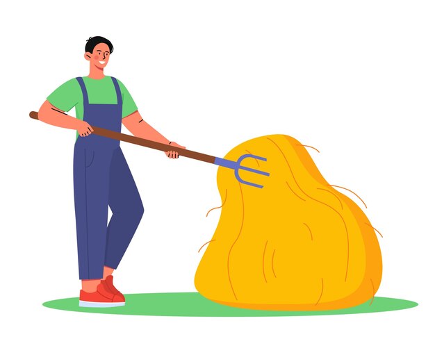 Pessoas com conceito de trabalho agrícola agricultura e agricultura homem de cena rural com ancinho perto do cartaz do palheiro