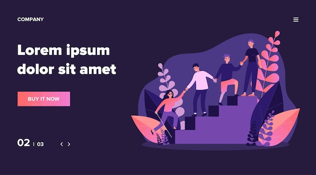 Pessoas com deficiência ajudando umas às outras. Homens e mulheres deficientes, de mãos dadas e subindo a ilustração das escadas. Comunidade, conceito de suporte para banner, site ou página de destino