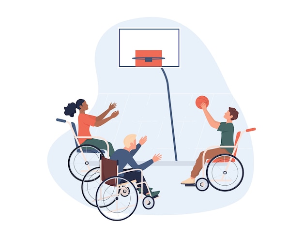 Vetor pessoas com deficiência alegres em cadeira de rodas jogando basquete. de esportes adaptativos para pessoas com deficiência.