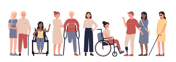 Pessoas com deficiência multirraciais com amigos caracteres conjunto de ilustração vetorial plana