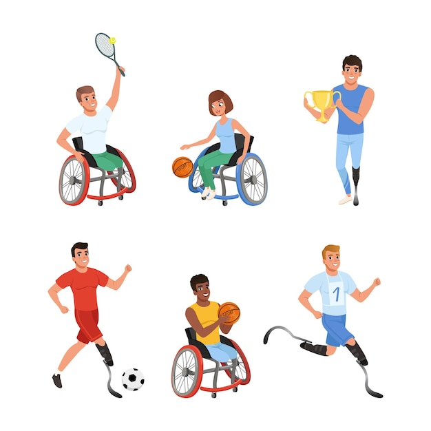 Pessoas com deficiência Personagem Realizar atividade desportiva Participar em competição Conjunto de vetores