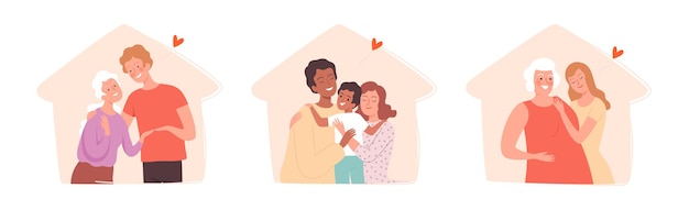 Vetor pessoas com família em silhuetas de casa. homem mulher com mães, pais e conceito de vetor de criança. a ilustração protege a família e a avó