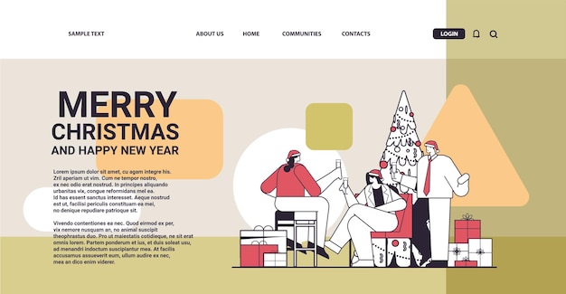 pessoas com gorros de papai noel bebendo champanhe empresários comemorando festa corporativa celebração de feriados de natal ano novo cópia espaço ilustração vetorial linear