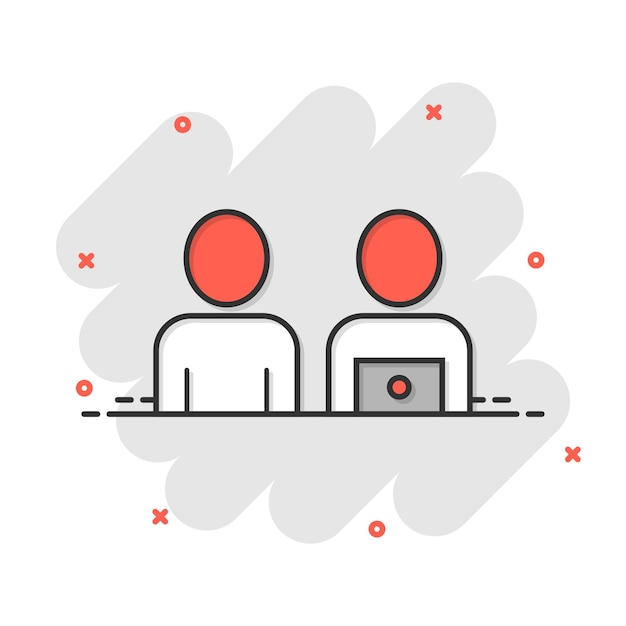 Pessoas com ícone de computador portátil em estilo cômico ilustração vetorial de desenho animado de usuário de pc em fundo branco isolado conceito de negócio de efeito de respingo de gerente de escritório