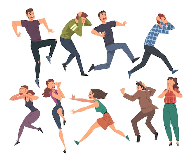 Pessoas com medo de algo Set homens e mulheres assustados aterrorizados chocados homens e mulheres com expressão de medo em seus rostos Ilustração vetorial de estilo de desenho animado
