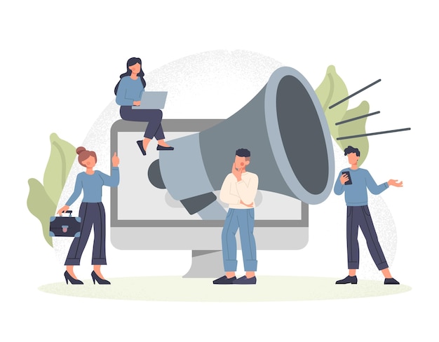 Pessoas com megafone Metafora para promover bens e serviços na Internet tecnologia moderna trabalho em equipe do departamento de marketing Junte-se ao nosso conceito de recrutamento de equipe ilustração de vetor plano de desenho animado
