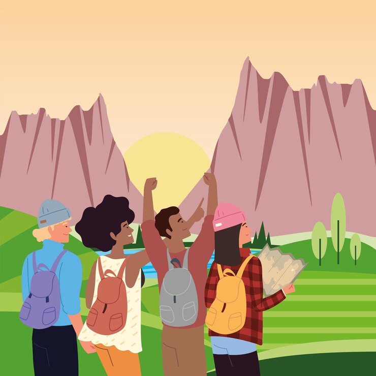 Vetor pessoas com mochilas e mapas nas montanhas