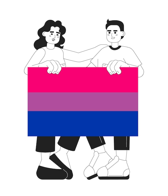 Pessoas com personagens de vetor plano monocromático de bandeira bissexual comunidade lgbt linha fina editável pessoas de corpo inteiro compartilham suporte em branco ilustração de ponto de desenho animado simples para design gráfico da web