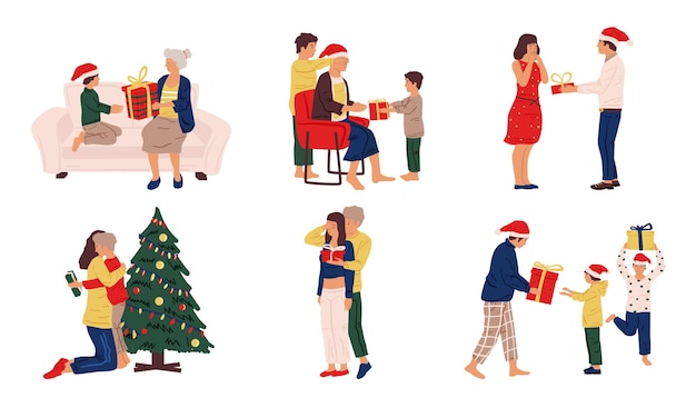 Pessoas com presentes de Natal Família e amigos fofos dando e recebendo presentes de feriado Cenas de celebração de inverno Modelos de cartões de convite de dezembro Conjunto de casal de desenhos animados vetoriais para crianças e adultos