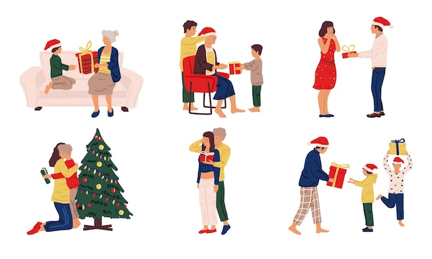 Pessoas com presentes de natal família e amigos fofos dando e recebendo presentes de feriado cenas de celebração de inverno modelos de cartões de convite de dezembro conjunto de casal de desenhos animados vetoriais para crianças e adultos