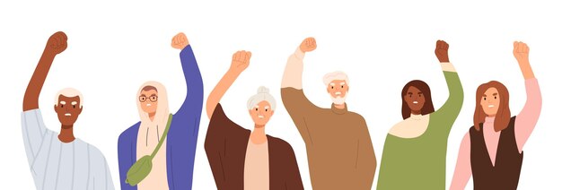 Pessoas com punhos apertados, mãos levantadas em protesto. multidão lutando pelo empoderamento. movimento de grupos diversos. ativistas em greve. ilustração vetorial gráfica plana isolada em fundo branco.