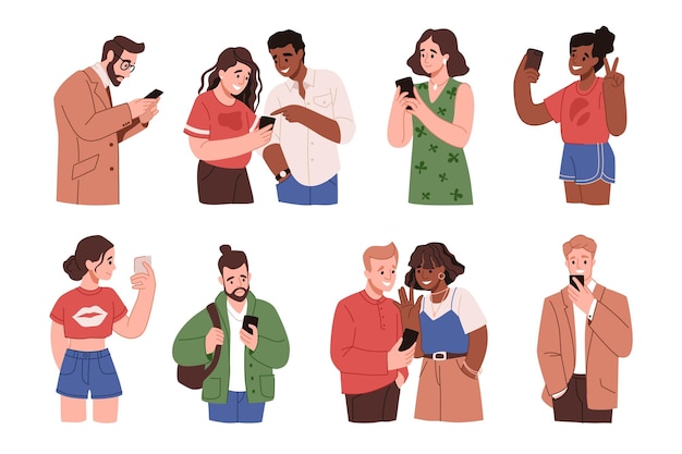 Pessoas com telefones celulares Mensageiro de dispositivo Homem triste segurando smartphone Mulher feliz com gadgets Aplicativo on-line Menina zangada ler mensagem Comunicação de casal Vector conversando pessoas definido