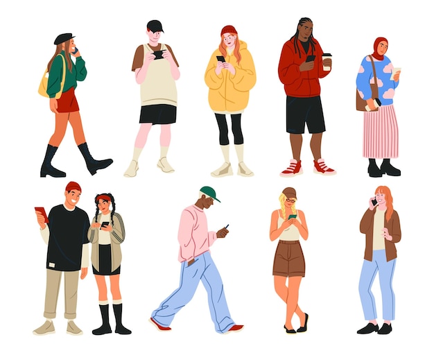 Pessoas com telefones móveis chamando e conversando Personagens felizes andando e falando no celular Mulher segurando um gadget Homem usando um aplicativo de mensageiro Selfie foto Vector pessoas de moda definido