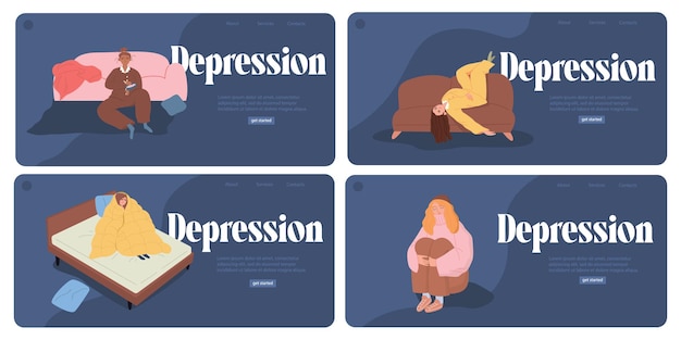 Vetor pessoas com transtornos depressivos, transtorno alimentar, sonolência, procrastinação, o conceito de saúde psicológica, coleção de modelos de página de destino, ilustração vetorial em um fundo isolado