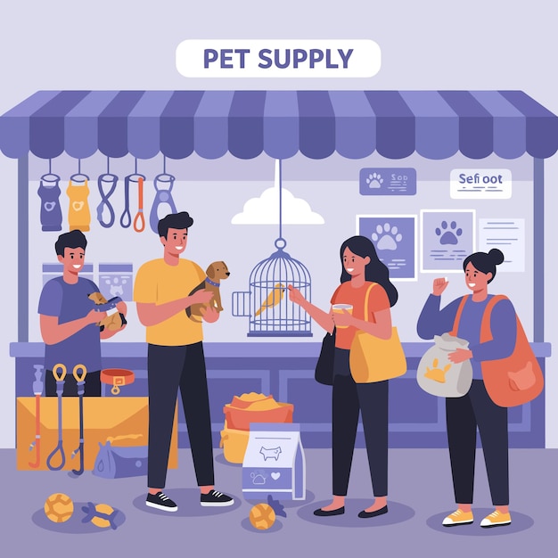 Pessoas comprando no mercado de suprimentos para animais de estimação com vários produtos para animais