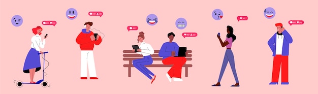 Pessoas conversando e enviando mensagens através de gadgets ilustração vetorial plana isolada