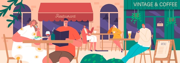 Pessoas conversando e saboreando bebidas e refeições em cafés de rua personagens sentados em mesas ao ar livre comendo