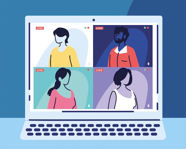 Pessoas conversando na tela do computador, em videoconferência, trabalhando em casa