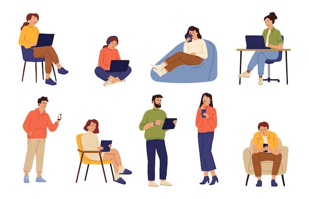 Pessoas conversando online. Pessoa sorridente com telefone celular, mulher dos desenhos animados usa a internet. Conjunto de vetores sofisticados de comunicação moderna em mídias sociais