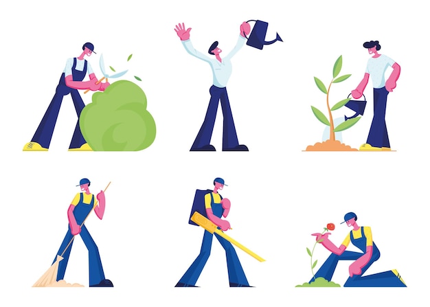 Pessoas cuidam de plantas, conjunto de serviço de limpeza. Ilustração plana dos desenhos animados