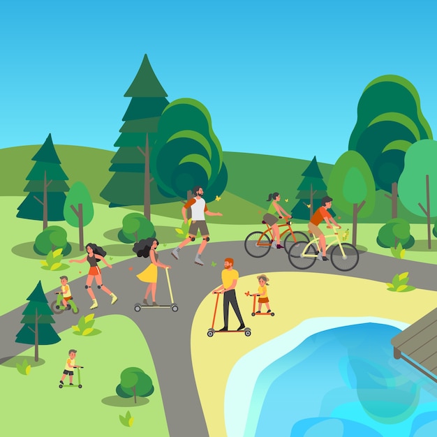 Pessoas de bicicleta, patins e scooter. Se divertindo e praticando esportes no parque da cidade. Atividade de verão.