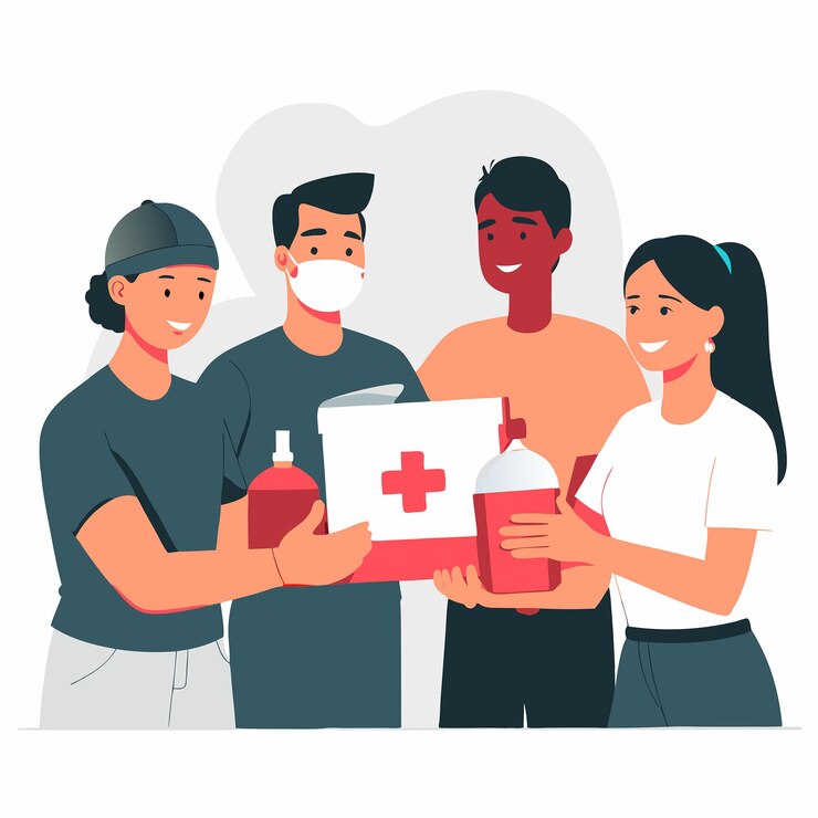 Vetor pessoas de bom coração doando proteção sanitária para ajuda humanitária