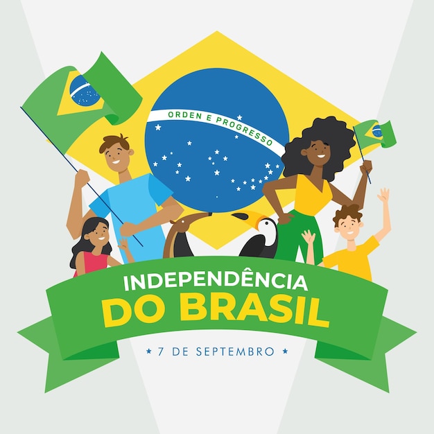 Vetor pessoas de cartaz do dia da independência do brasil segurando a bandeira do brasil ilustração vetorial