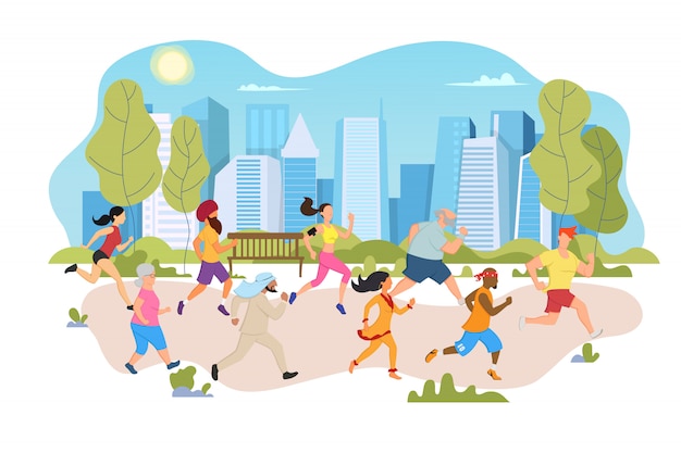 Pessoas de diferentes raças e culturas correm uma maratona conjunta em um parque da cidade.