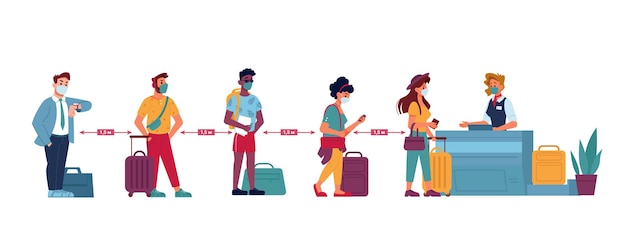Pessoas de distância social da fila do aeroporto usando máscaras em pé na fila para controlar o passaporte vetor plano
