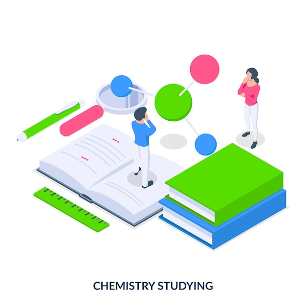 Pessoas de estudo de química ficam na frente de uma molécula e livros. Ilustração vetorial