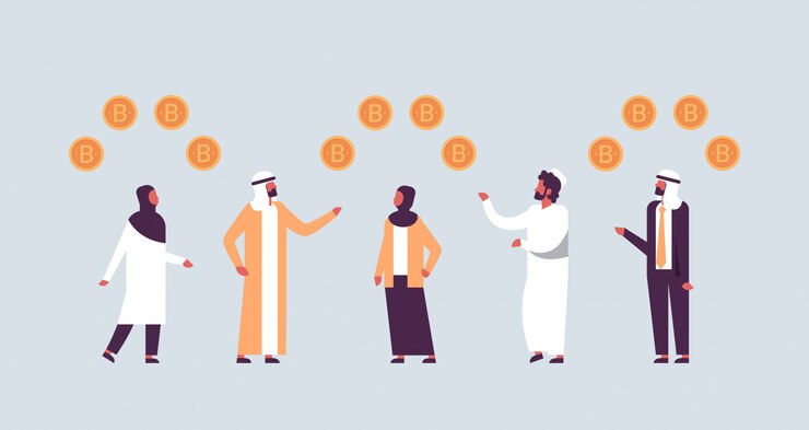Vetor pessoas de negócios árabes mineração conceito de moeda criptografia bitcoin