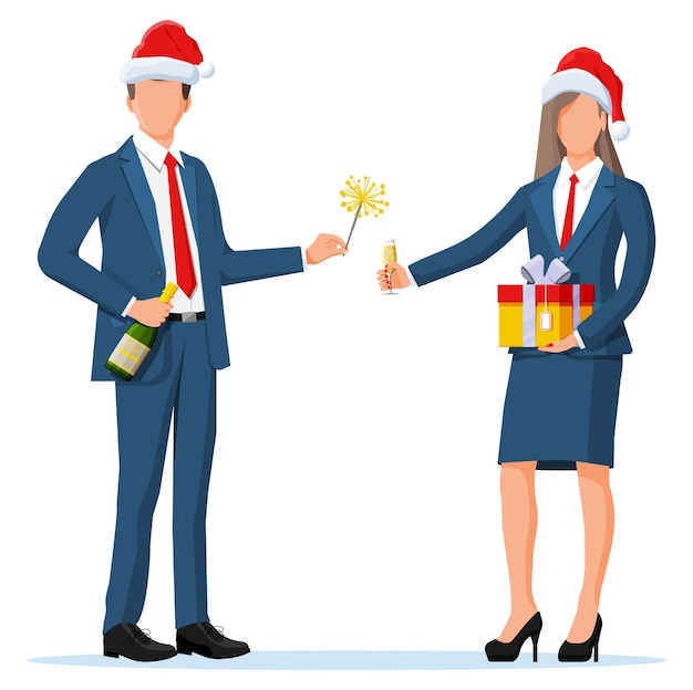 Pessoas de negócios com chapéus de natal de férias. colegas de escritório com champanhe e presente. mulher de negócios e homem celebração do ano novo. festa do escritório, feriado corporativo. ilustração vetorial plana