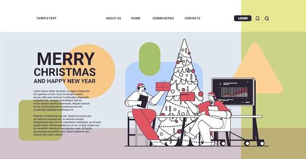 pessoas de negócios em chapéus de papai noel segurando presentes empresários comemorando festa corporativa ano novo celebração de feriados de natal cópia horizontal ilustração em vetor linear espaço