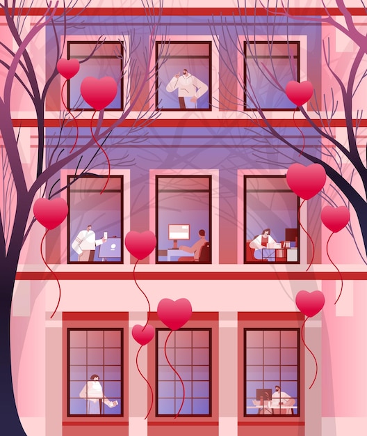 Vetor pessoas de negócios em janelas de edifícios de escritórios com balões de ar rosa em forma de coração feliz conceito de celebração do dia dos namorados