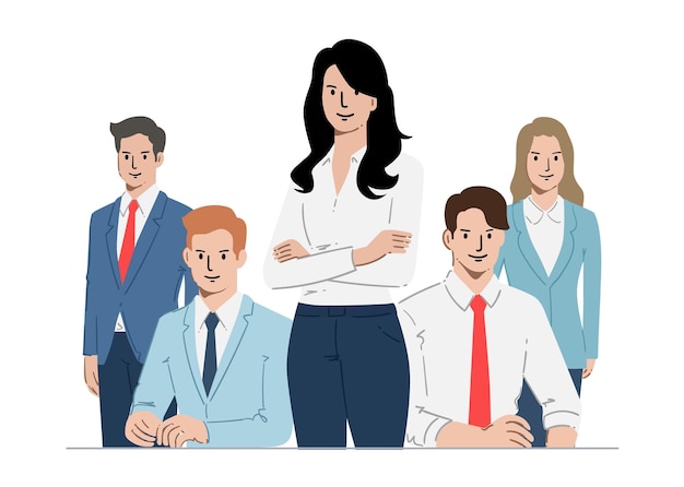 Pessoas de negócios em pé junto com o líder da equipe no centro Ilustração vetorial
