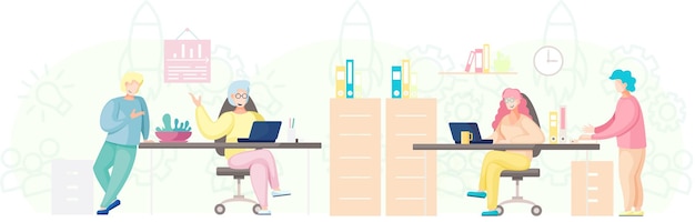 Pessoas de negócios, homem e mulher, conversando Colegas discutindo trabalho, conversando, comunicando-se, sentados na mesa do escritório, Empresários têm reunião de planejamento de estratégia de projeto Trabalho em equipe com plano de negócios