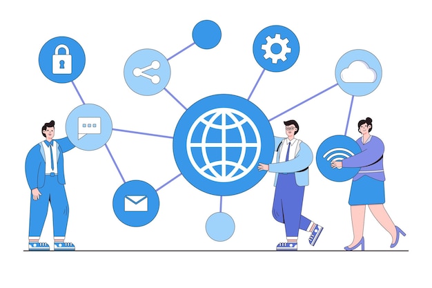 Pessoas de negócios planas com ícones de conexão e conceito de personagens de pessoas Esboce o estilo de design ilustração vetorial mínima para imagens de herói de infográficos de banner da web de página de destino