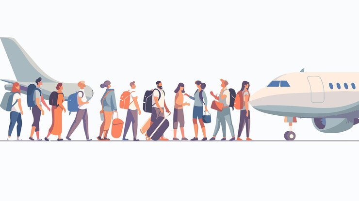 Vetor pessoas de negócios profissionais à espera em fila socialmente distante para embarcar no avião