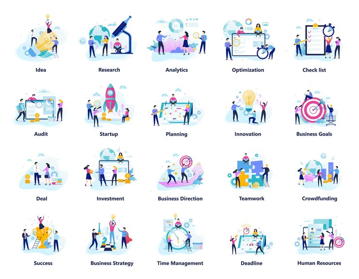 Pessoas de negócios trabalham em conjunto grande de equipe. Coleção de trabalho em equipe criativo. Símbolo de sucesso e indústria financeira. ilustração