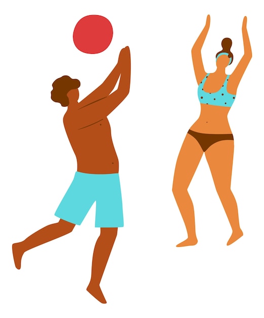 Vetor pessoas de praia homem e mulher jogam vôlei juntos férias de verão lazer à beira-mar pessoas felizes em trajes de banho jogos ativos na areia descanso de casal jogadores de vôlei ilustração vetorial