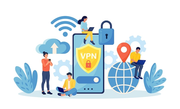Vetor pessoas de rede privada virtual que usam o sistema de tecnologia vpn para proteger seus dados pessoais no computador smartphone conexão de rede segura e proteção de privacidade segurança cibernética criptografia de tráfego