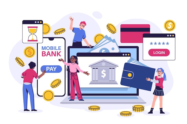 Pessoas de serviços bancários móveis Pagamentos on-line de aplicativos de carteira eletrônica de contas pessoais, homens e mulheres de compras virtuais com dinheiro e moedas de ouro vetor desenho animado conceito isolado plano