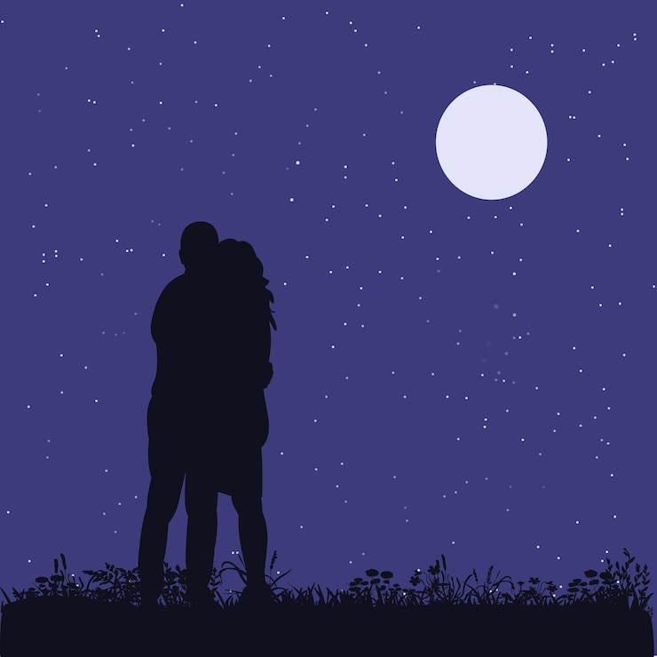Vetor pessoas de silhueta isoladas à noite no parque a lua e as estrelas no céu