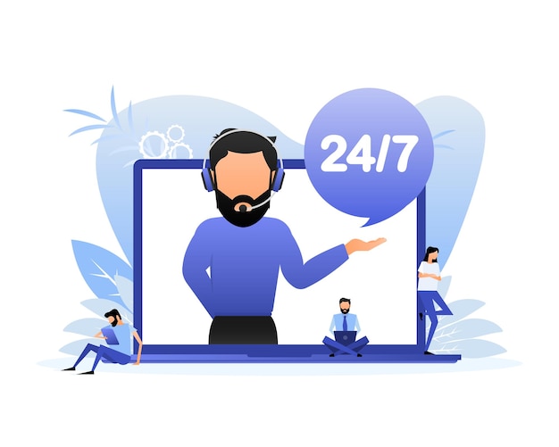 Pessoas de suporte 24 horas em estilo simples Conceito isométrico de negócios Conceito de marketing Design plano