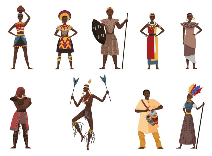 Vetor pessoas de tribos africanas etnia de aldeia nativa colocou homem mulher em roupas étnicas tribais