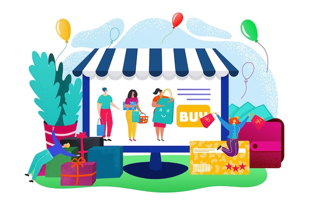 Pessoas de venda de compras on-line comprando no computador ilustração vetorial on-line jovem loja on-line