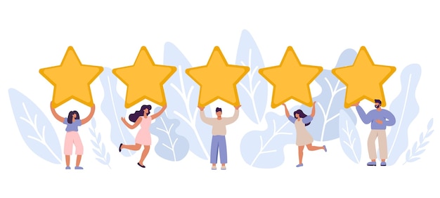Pessoas de vetor de cliente feliz e satisfeito estão segurando estrelas de revisão sobre suas cabeças Classificação de cinco estrelas Revisão do cliente